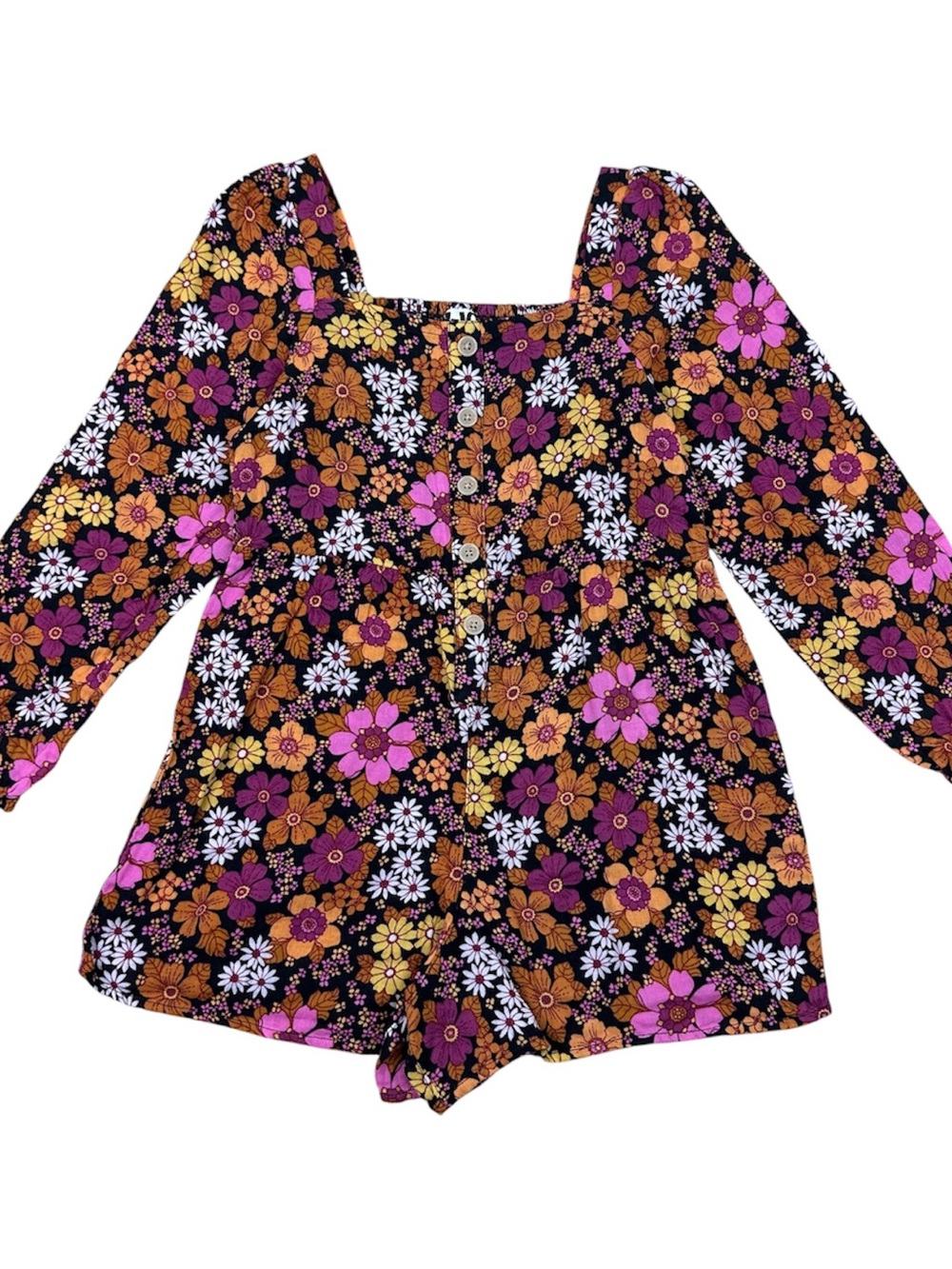 Girls Boho Floral Long-Sleeve Romper in Black, Pink & Yellow